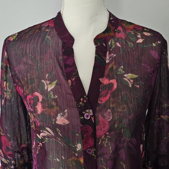 KUT from the KLOTH purple BLOUSE top FLORAL l/s SHEER hi-low BUTTONS - Picture 1 of 12